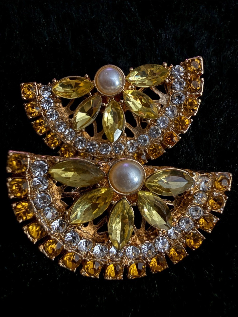 Vintage Art Deco Revival Fan Earrings Amber Rhinestone Pearl Statement